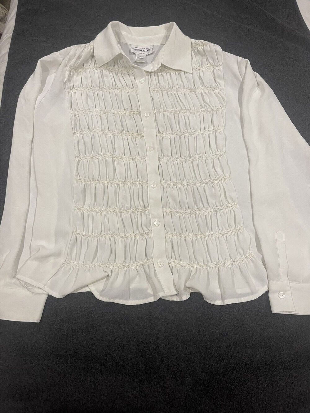 Vintage Pendleton Secretary Blouse Womens 8 Ivory Ruffle Pleated Cottagecore